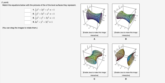 1 point Match the equations below with the pictures of the of the level surfaces they represent. 3.1 422-y-321 (You can drag