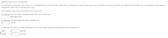 Single Plantwide Factory Overhead Rate wide Fa The total factory overhead for Urban Styles, Inc, is budgeted for the year at