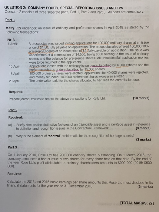 QUESTION 2: COMPANY EQUITY, SPECIAL REPORTING ISSUES AND EPS Question 2 consists of three separate parts, Part 1, Part 2 and