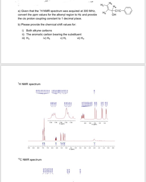 H2 Ha a) Given that the H NMR spectrum was acquired at 300 MHz, convert the ppm values for the alkenyl region to Hz and prov