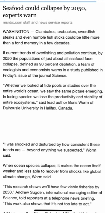 Seafood could collapse by 2050, experts warn msnbc.com staff and news service reports WASHINGTON - Clambakes, crabcakes, swor