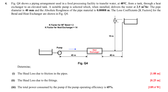 Fig. Q4 shows a piping arrangement used in a food processing facility to transfer water, at 40 C, from a tank, through a heat