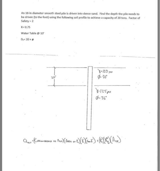 An 18-in diameter smooth steel pile is driven into dense sand. Find the depth the pile needs to be driven (to the foot) using