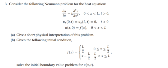 3. Consider the following Neumann problem for the heat equation: 14(0,t)=14(L,t)=0, t>0 u(x,0)- f(x),0<x<L (a) Give a short p