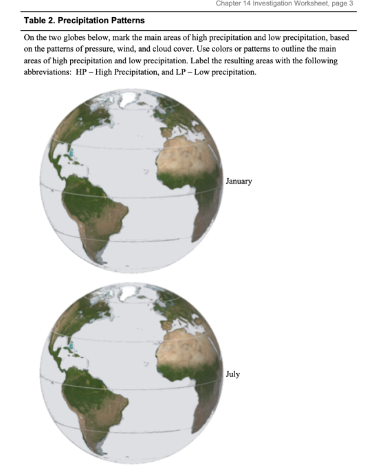 Chapter 14 Investigation Worksheet, page 3 Table 2. Precipitation Patterns On the two globes below, mark the main areas of hi