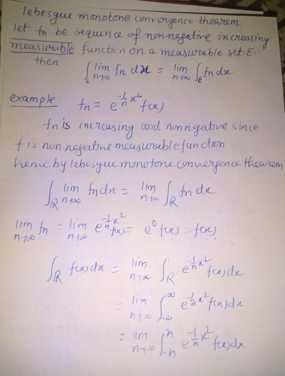 lebesgut monotone convergence thearam e be sequene of non-megatire inoreasny meas unuble function on a measuiable set E then