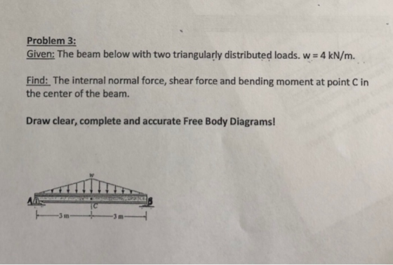 Problem 3: Given: The beam below with two triangularly distributed loads. w = 4 kN/m. Find: The internal normal force, shear