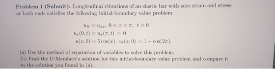 Problem 1 (Submit): Longitudinal vibrations of an elastic bar with zero strain and stress at both ends satisfies the followin