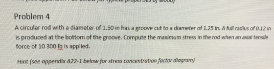 7P Phperti wO Problem 4 A circular rod with a diameter of 1.50 in has a groove cut to a diameter of 1.25 in. A full radius of