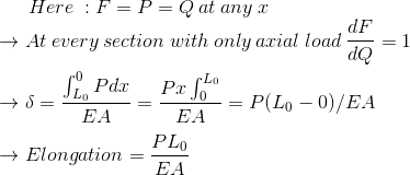 Here:F-?at any r → At every section with only axial load dF -= 1 do PLo → Elongation = EA