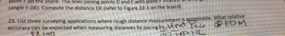 pointF on the shore. The lines joining points D and E with point Pnteres (angle F-DE). Compute the distance DE (refer to Figu