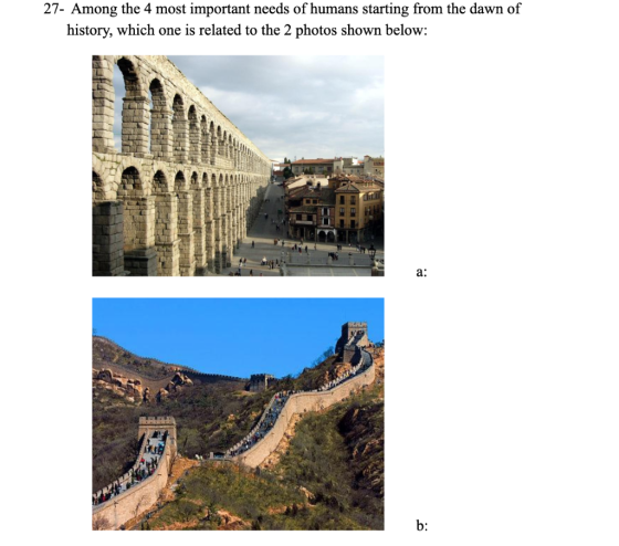 27- Among the 4 most important needs of humans starting from the dawn of history, which one is related to the 2 photos shown