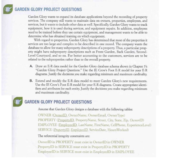 GARDEN GLORY PROJECT QUESTIONS Garden Glory wants to expand its database applications beyond the recording of property servic