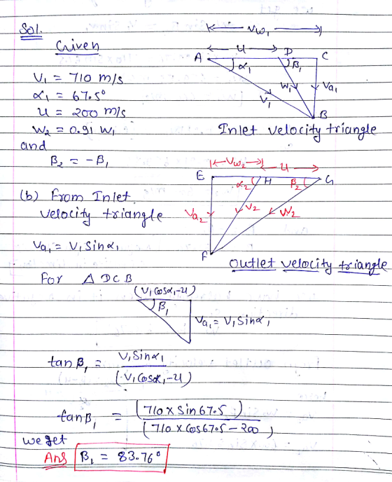 NT Sal Caiven tt A Viz 710 m/s 67.50 velocity triangle Tnlet Wa2 0.9I W. Cnd - B, (VH (b) Erom Tnlet veloci txiangle Vai ViSi