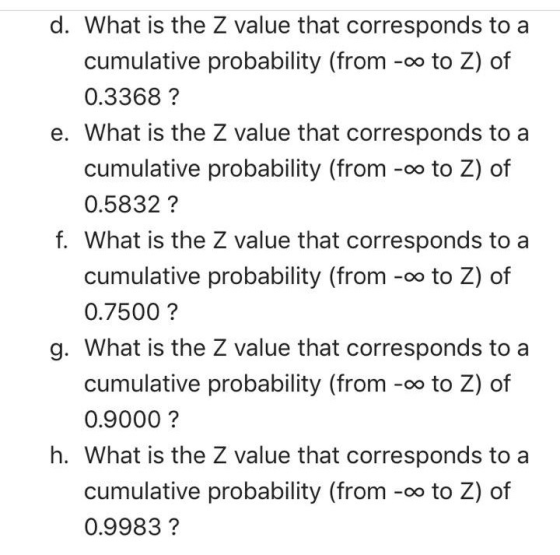 d. What is the Z value that corresponds to a cumulative probability (from -oo to Z) of 0.3368? e. What is the Z value that co