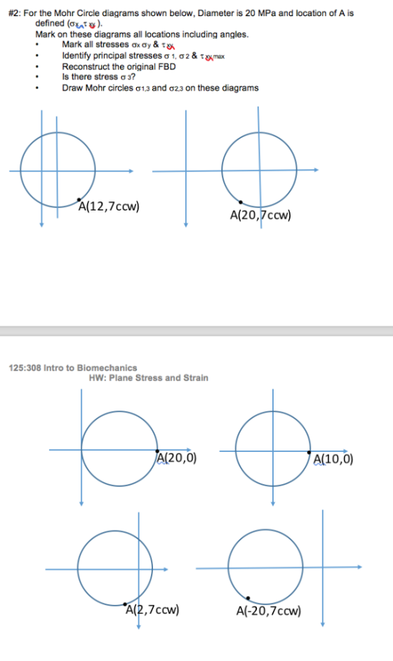 #2: For the Mohr Circle diagrams shown below, Diameter is 20 MPa and location of A is defined (ou TG) Mark on these diagrams