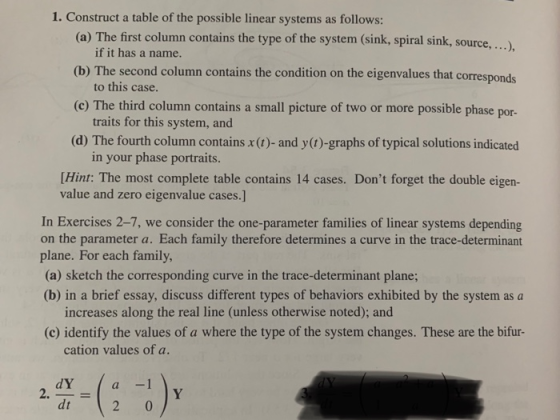 1. Construct a table of the possible linear systems as follows: (a) The first column contains the type of the system (sink, s