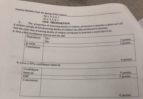 Practice Statistic Final for Spring 201 9 A Name: Do 1, 4, 5, 6,7 Or 2, 3, 5, 6, 7 ONE PROPORTION rowning deaths of children