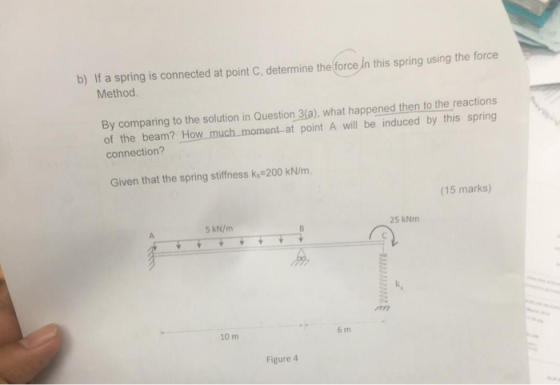 b) If a spring is connected at point C, determine the force in this spring using the force Method By comparing to the solutio