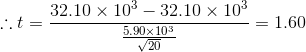 \therefore t=\frac{32.10\times 10^{3}-32.10\times 10^{3}}{\frac{5.90\times 10^{3}}{\sqrt{20}}} = 1.60