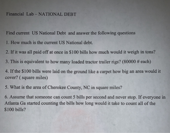 Financial Lab - NATIONAL DEBT Find current US National Debt and answer the following questions 1. How much is the current US
