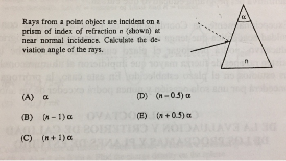 Rays from a point object are incident on a prism of index of refraction n (shown) at near normal incidence. Calculate the de-