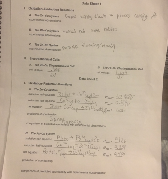 Data Sheet1 I. Oxidation-Reduction Reactions A. The Zn-Cu System Copber tuiting black + pieces cam experimental observations: