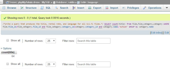 Database: sakila »Table: language Server phpMyAdmin demo - MySOL» EInsert SQL Privileges Browse Structure Search Export Impor