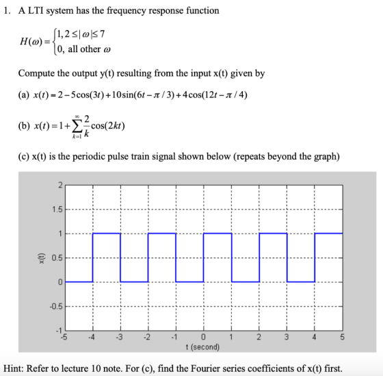 1. A LTI system has the frequency response function 0, all other o Compute the output y(t) resulting from the in put x(t) giv