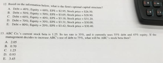 Il 12. Based on the information below, what is the firms optimal capital structure? A. Debt 40%; Equity 60%; EPs-$2.95; Stoc