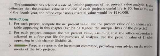 The committee has selected a rate of 12 % for purposes of net present value analysis. It also estimates that the residual val