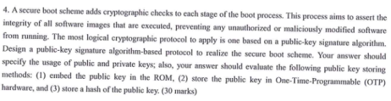 4. A secure boot scheme adds cryptographic checks to each stage of the boot process. This process aims to assert the integrit