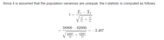 as follows Since it is assumed that the population variances are unequal, the t-statistic is computed X2 58800 62800 3.487 48