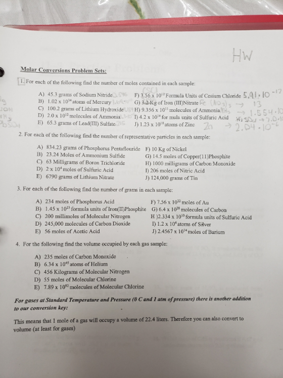 Molar Conversions Problem Sets i. For each of the following find the number of moies contained in each sample -12 A) 45.3 gra
