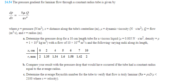 24.54 The pressure gradient for laminar flow through a constant radius tube is given by where p-pressure (Nm, x (ms), and r=