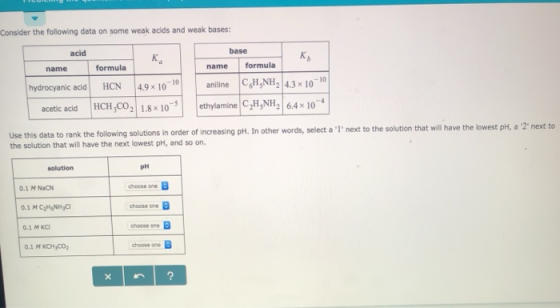 Consider the following data on some weak acids and weak bases: acid base formula name formula name |C,H,NH2|4.3 x 10-10 |C2Hs