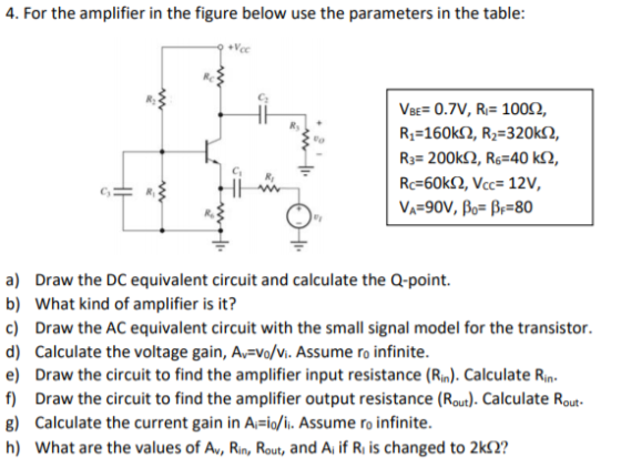 4. For the amplifier in the figure below use the parameters in the table: +Vcc Re VBE- 0.7V, Ri- 1002, R1-160k2, R2-320k2 R3-