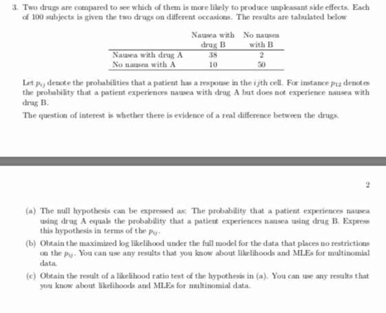 3. Two drugs are compared to see which of them is more likely to produce unpleasant side effects. Each of 100 subjects is giv