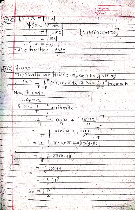 Fege No, Cate: -S]nx The FuncHon is even. The touxies coefieiens axe an & bn. iven b 1 L tin 10 cosnidx bn TTTT Hexe 15 ocd T