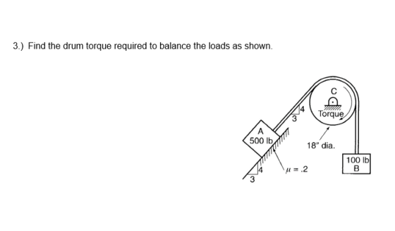 3.) Find the drum torque required to balance the loads as shown 4 3 Torque 500 lb 18 dia. 100 lb 3