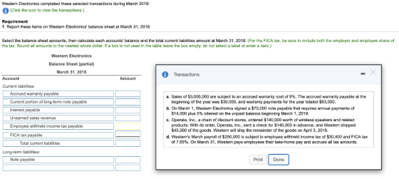Western Electranics completed these selected transactions during March 2018: i Click the icon to view the transactions.) Requ