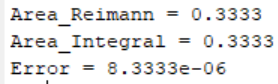 Area Reimann = 0.3333 Area_Integral = 0.3333 Error 8.3333e-06