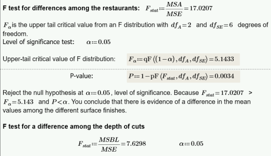 MSA MSE F test for differences among the restaurants: Fstat 17.0207 Fais the upper tail critical value from an F distribution
