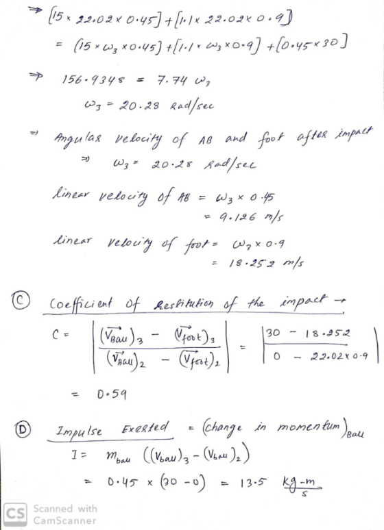 20.28 Rad/sec u>, :) Angu las velocity of AB and fook afteRzm贮1, linear Velou 308 95 Bau)3 pal 2 0.54 chanze n momen tum mpul