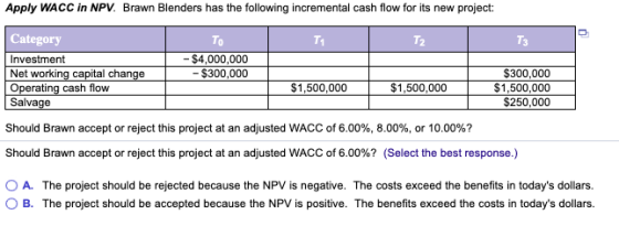 Apply WACC in NPV. Brawn Blenders has the following incremental cash flow for its new project: Category To -$4,000,000 T1 T2