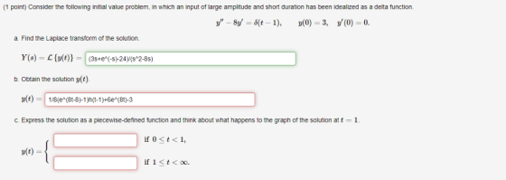 (1 point) Consider the following initial value problem, in which an input of large amplitude and short duration has been idea