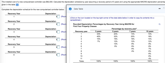 The installed cost of a new computerized controller was $62,000. Calculate the depreciation schedule by year assuming a recov