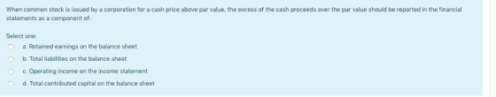 When common stock issued by a corporation for a cash price above par value, the excess of the cash proceeds over the par valu