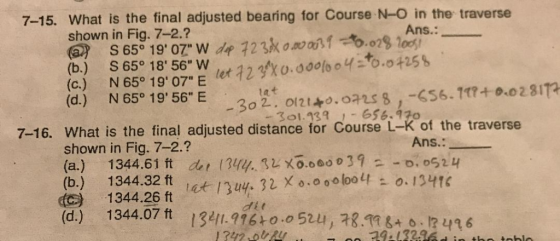 7-15. What is the final adjusted bearing for Course N-O in the traverse shown in Fig. 7-2.? Ans.: 9.07 Eletれ3 Xo.ooolooY-О.