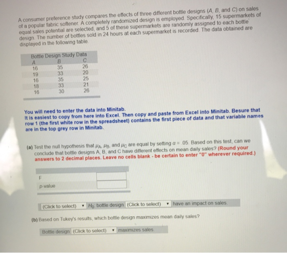 A consumer preference study compares the effects of three different bottle designs (A, B, and C) on sales of a popular fabric